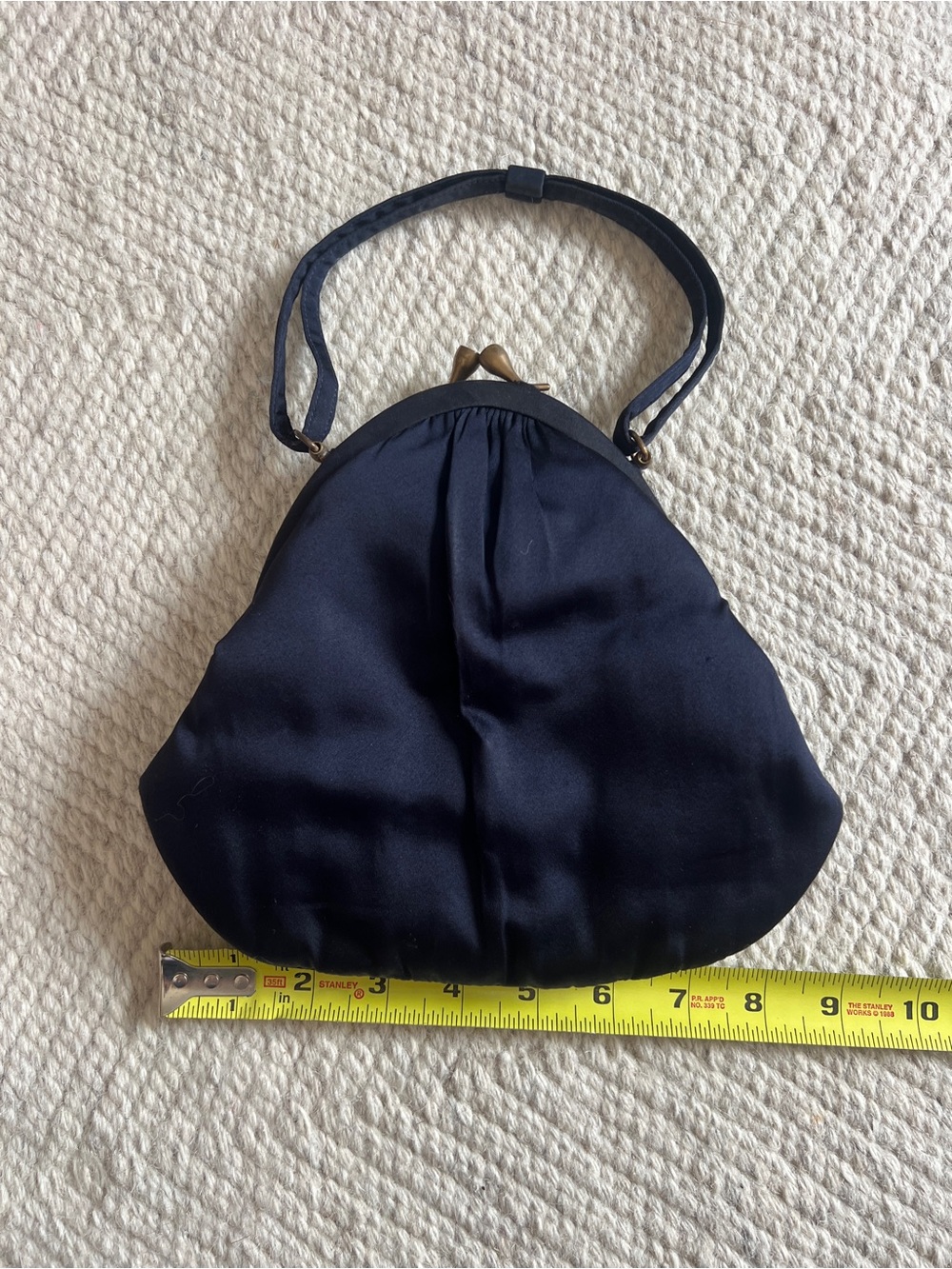 Vintage Navy Satin Evening Bag Brass Kiss Lock/Clasp Purse